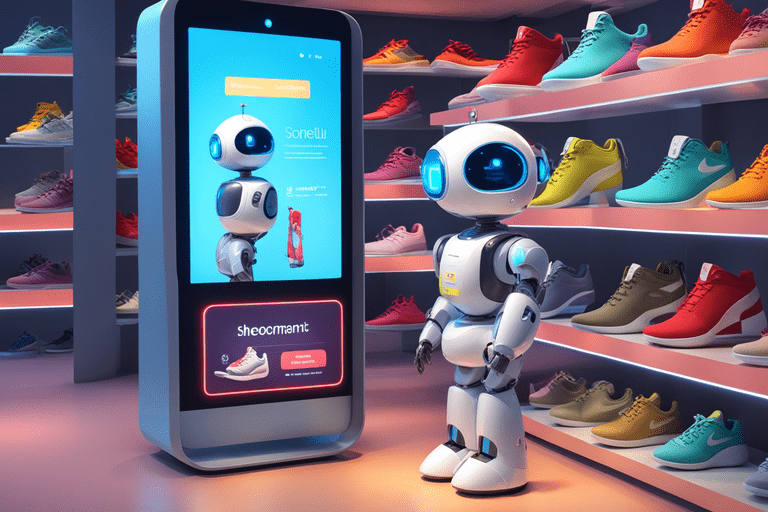 the image depicts an adorable small robot selling shoes within an animated app environment the rob min - Revolution des Marketings durch KI: Präzise Analysen und innovative Strategien