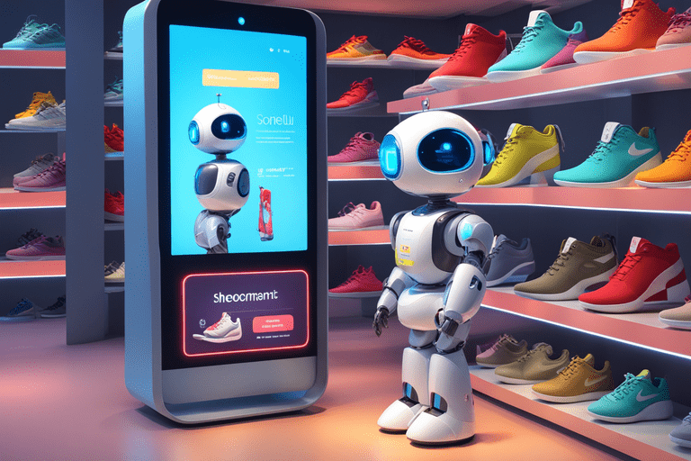 the image depicts an adorable small robot selling shoes within an animated app environment the rob min - Die Macht der KI im Marketing: Effizienzsteigerung und personalisierte Ansprache