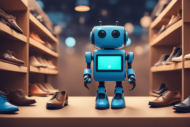 the image depicts an adorable small robot selling shoes within an animated app environmentartifici1 min - Die Macht der KI im Marketing: Effizienzsteigerung und personalisierte Ansprache