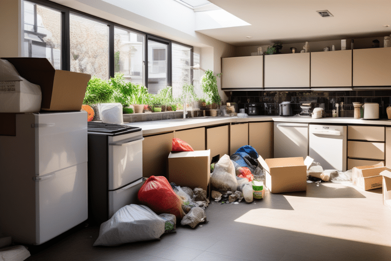 kitchen cluttered with garbage and cardboard boxes min - Komplette Entrümpelung in Gummersbach: Von der Planung bis zur Durchführung