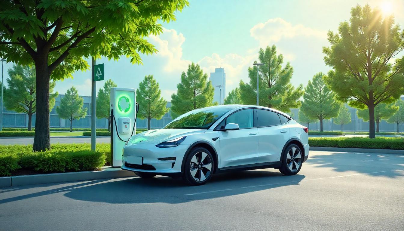 Elektroauto an Ladestation in grüner Stadtumgebung – Symbol für nachhaltige Mobilität und positive Umweltbilanz