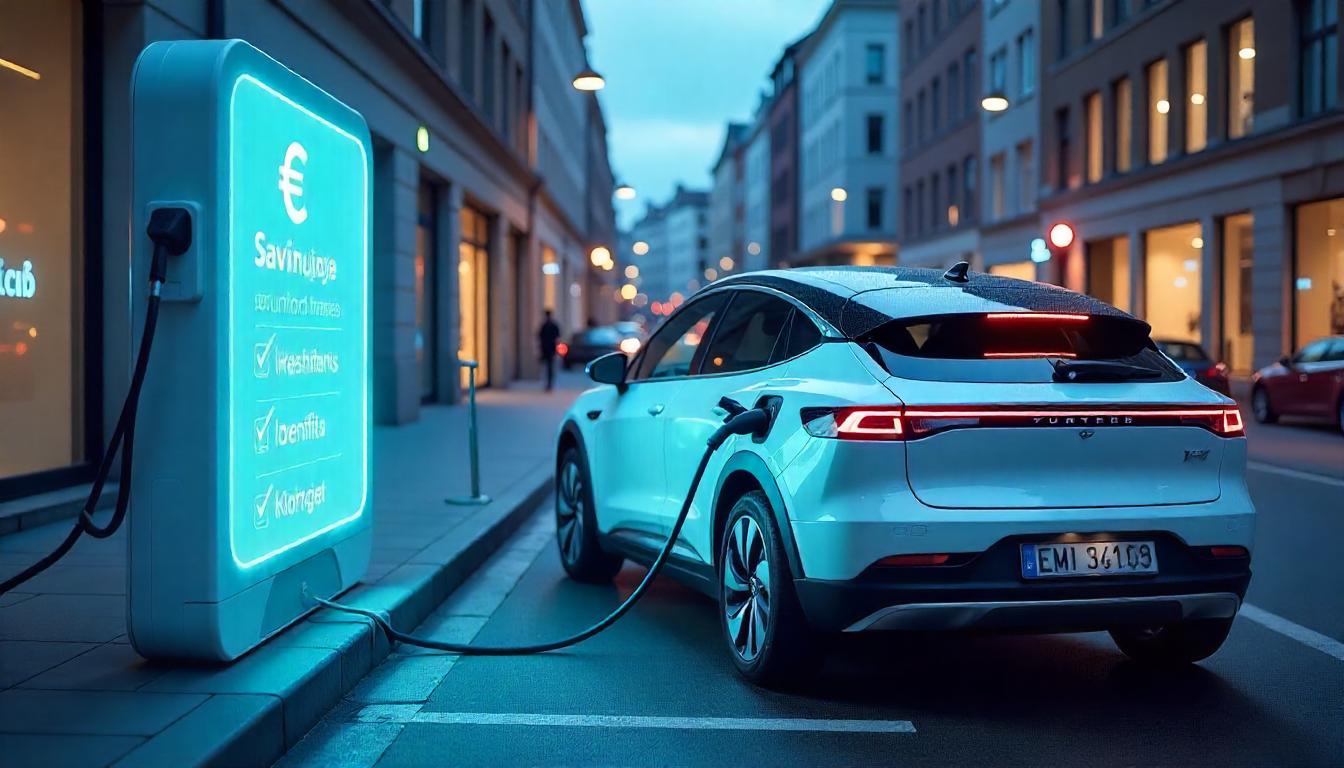 Elektroauto an Ladestation mit Förderhinweisen und Sparsymbolen im Jahr 2025