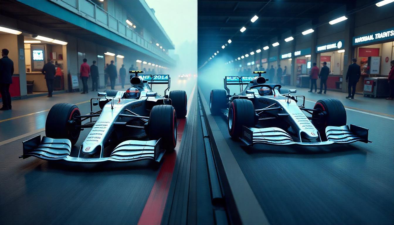 Illustration eines Formel-1-Wagens im Wandel der Technik von 2014 bis 2024 mit Fokus auf Hybridantrieb, Aerodynamik und Budgetgrenzen