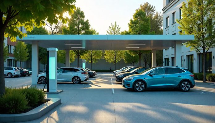 Elektroauto an Schnellladestation in Deutschland im Jahr 2025 – moderne Ladeinfrastruktur mit mehreren Ladepunkten