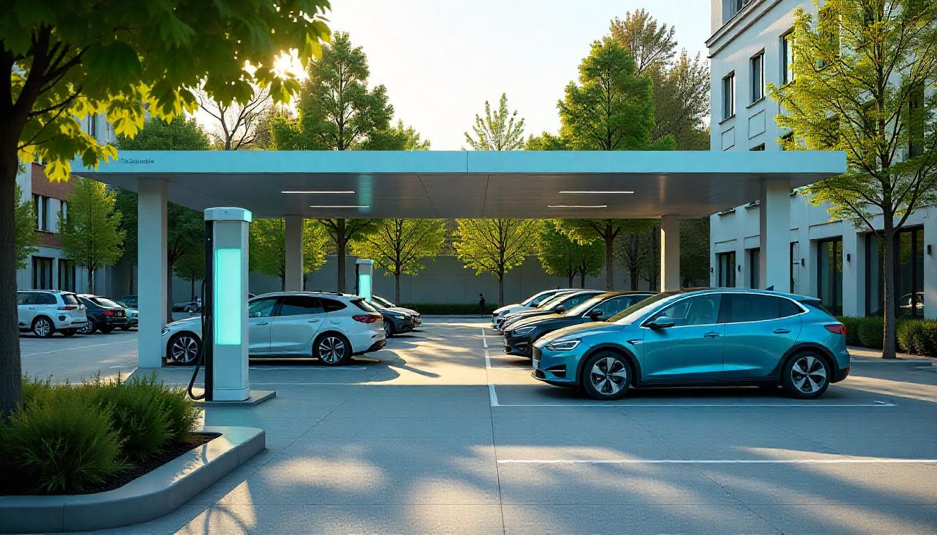 Elektroauto an Schnellladestation in Deutschland im Jahr 2025 – moderne Ladeinfrastruktur mit mehreren Ladepunkten