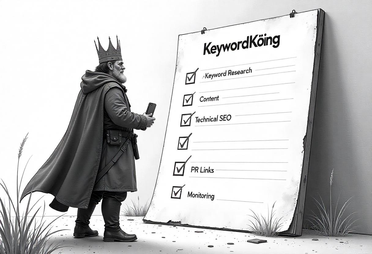 KeywordKönig „KeywordKönig“:Symbolische Darstellung des Aufstiegs zum KeywordKönig: Eine digitale Figur vor einer virtuellen SEO-Landschaft, durchzogen von Suchbegriffen, Ranking-Signalen und Datenströmen. Das leuchtende Wort „KeywordKönig“ thront über der Szene und steht sinnbildlich für Sichtbarkeit, Strategie und den Sieg im SEO-Contest 2025.