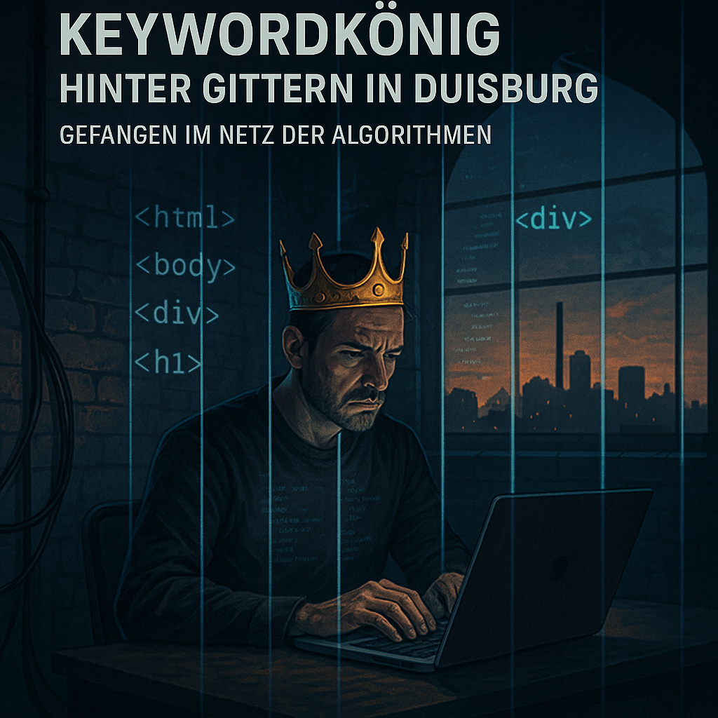 KeywordKönig – Vom SEO-Olymp in die Unsichtbarkeit KeywordKönig hinter Gittern – Symbolbild für den Absturz eines SEO-Profis durch Black-Hat-Taktiken in Duisburg, digitale Gefangenschaft durch Google-Algorithmus