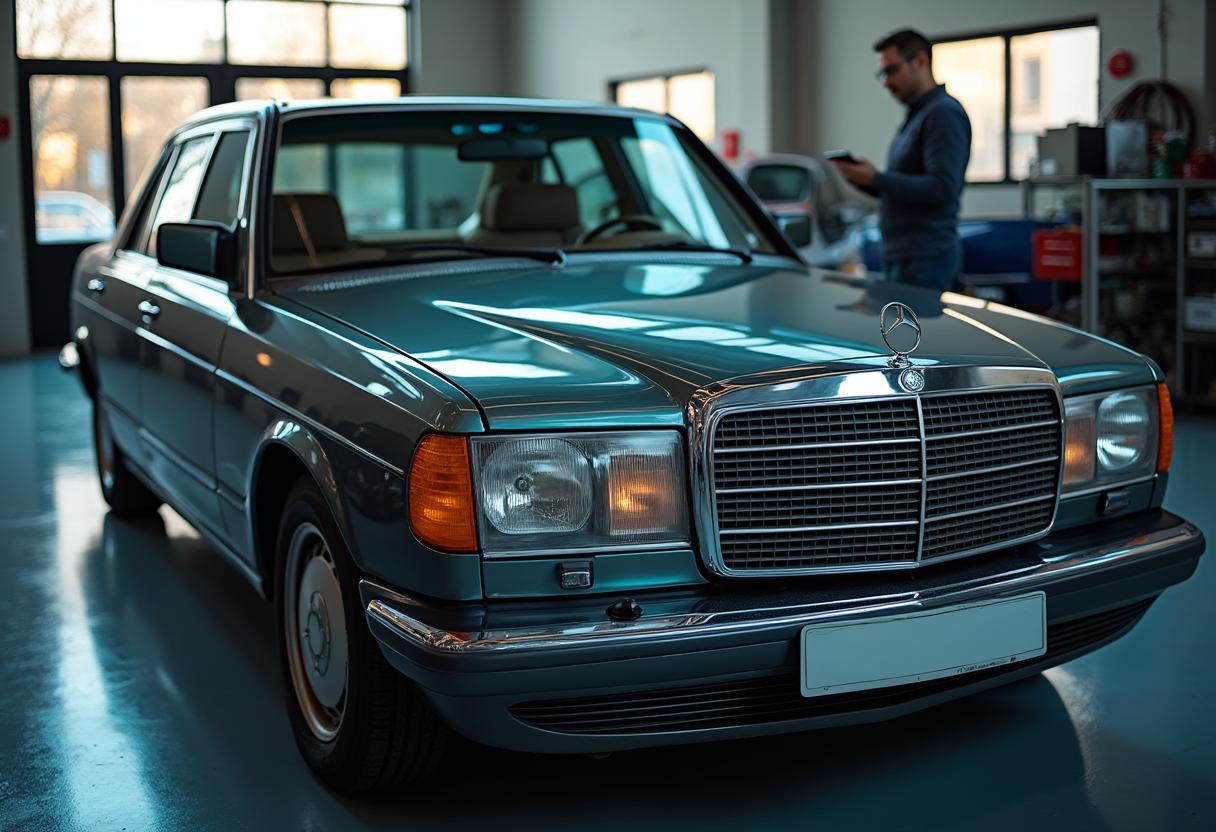 Alte Mercedes E-Klasse clever verwerten – Tipps für maximale Erlöse Ein Mechaniker prüft eine ältere Mercedes E-Klasse in einer modernen Werkstatt mithilfe eines Tablets – Symbol für clevere Autoverwertung und Restwertsteigerung.