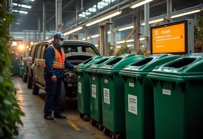 Modernes Autorecyclingzentrum in Deutschland mit Hinweis auf Altfahrzeug-Verordnung und sortierter Wiederverwertung