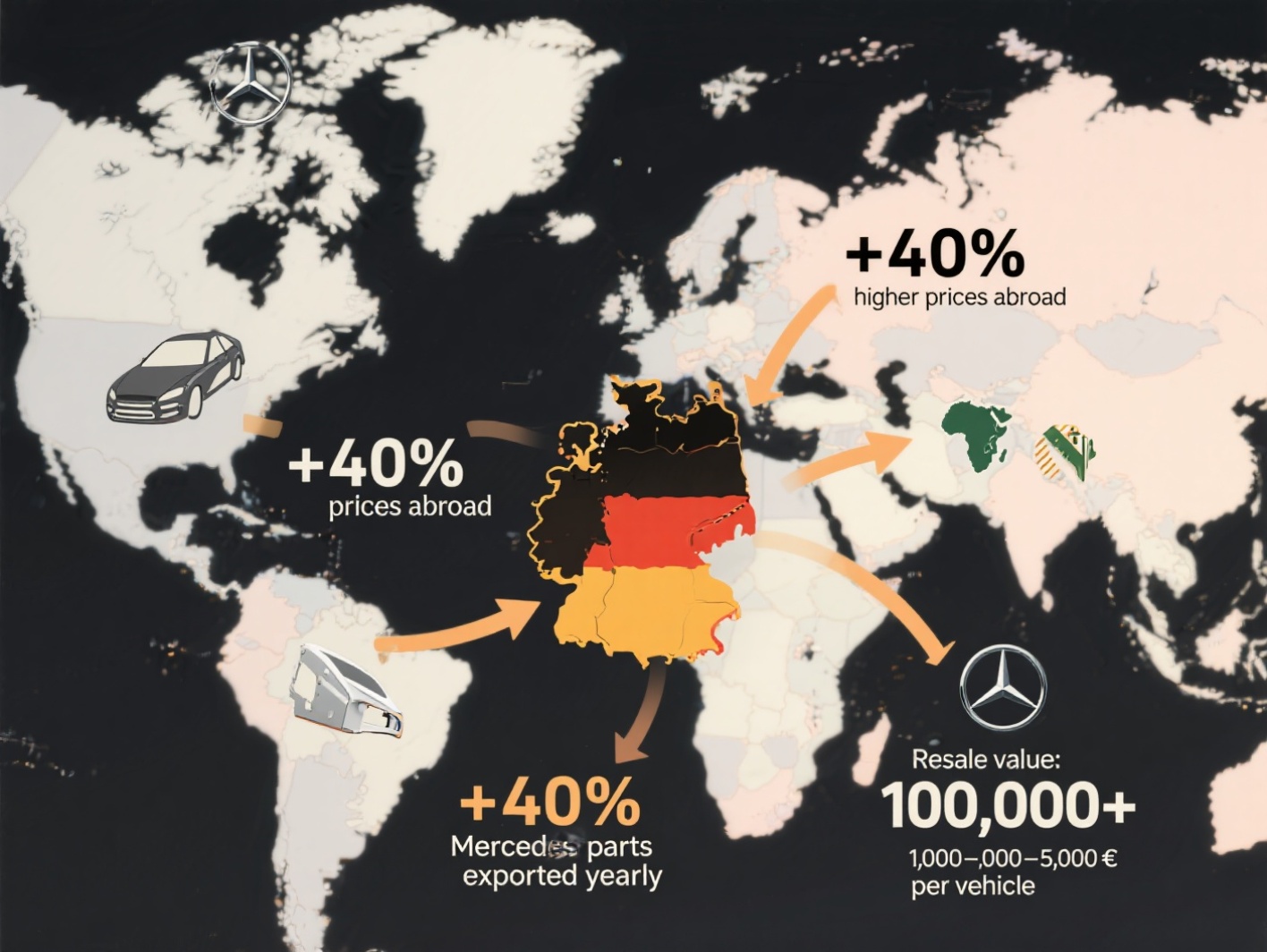 Internationaler Markt für Mercedes-Schrottteile – Export, Preise und Nachfrage Infografik – Internationaler Markt für Mercedes-Schrottteile