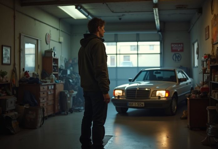 Mann betrachtet seinen Mercedes in der Garage – Symbol für Qualität, Prestige und den hohen Restwert durch Autoverwertung.