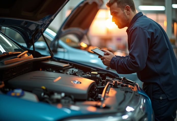 Ein Mechaniker prüft eine Mercedes A-Klasse in einer Werkstatt – Symbol für den Wert von Ersatzteilen und Recycling.