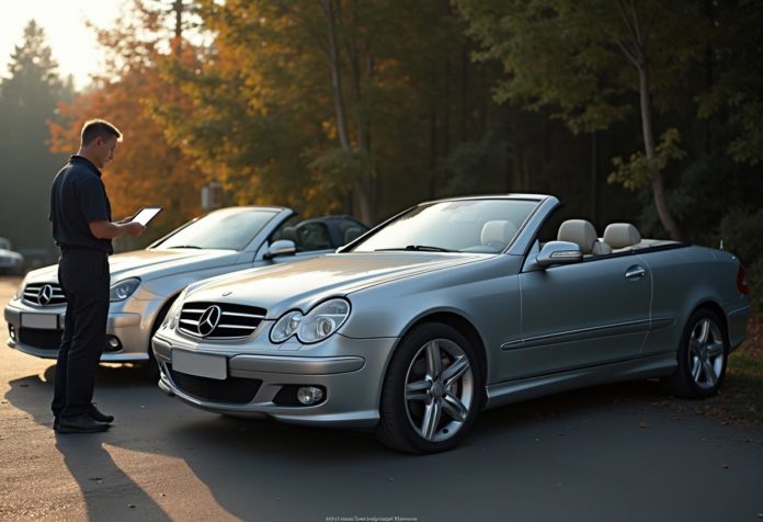 Klassische Mercedes CLK-Modelle, Coupé und Cabrio, vor einer Werkstatt – Symbol für zeitlose Eleganz und stabile Nachfrage in der Autoverwertung.