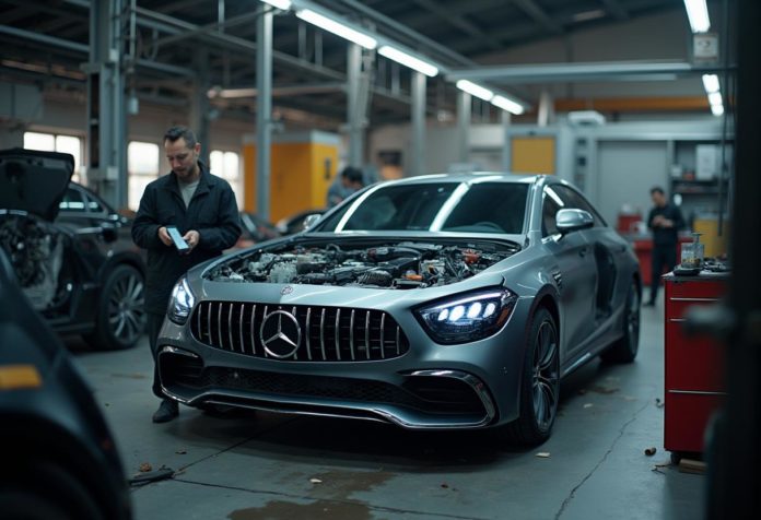 Ein Mercedes CLS wird in einer modernen Werkstatt geprüft – Symbol für Recycling, Ersatzteilhandel und nachhaltige Fahrzeugverwertung.