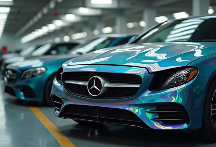 Foto einer Mercedes-Benz E-Klasse in einer modernen Autoverwertungsanlage, teilweise zerlegt. Sichtbar sind Motor, Sitze und Scheinwerfer als Beispiele für wertvolle Ersatzteile.