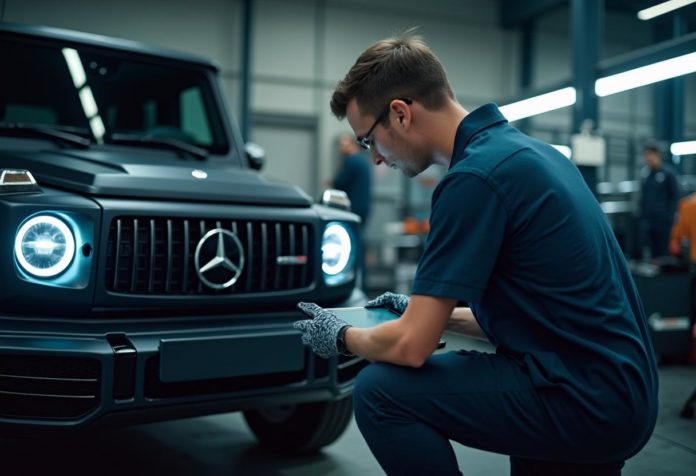 Ein Mechaniker prüft eine Mercedes-Benz G-Klasse in einer Werkstatt mithilfe eines Tablets – Symbol für moderne Autoverwertung und digitale Fahrzeugdiagnose.