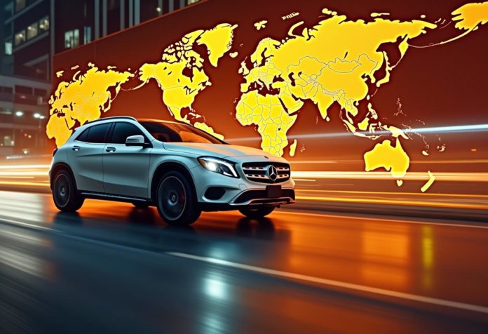 Mercedes GLA SUV mit Weltkarte im Hintergrund, Symbol für globale Nachfrage und Exportmärkte