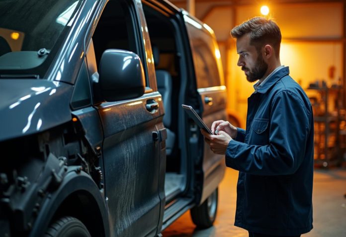 Mercedes R-Klasse in einer modernen Werkstatt, Mechaniker prüft Innenraum und Karosserieteile – Symbol für hohe Nachfrage und Recyclingwert.