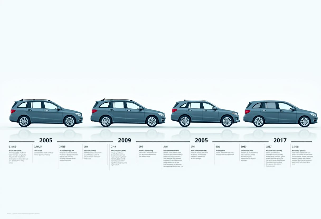 Infografik – Übersicht der Mercedes R-Klasse-Generationen 2005–2017 Infografik zeigt die Entwicklung der Mercedes R-Klasse von der Einführung 2005 bis zum Facelift 2017 mit Modell-Silhouetten und Baujahren.