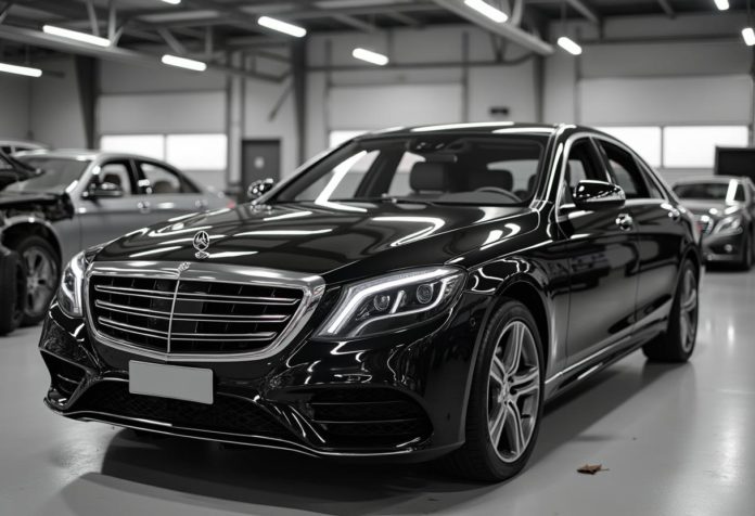 Foto einer Mercedes S-Klasse in einer modernen Autoverwertungsanlage. Sichtbar sind Motor, Sitze und Scheinwerfer als Beispiele für hochwertige Ersatzteile.