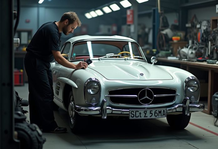 Klassischer Mercedes SL in einer Werkstatt, Mechaniker prüft das Fahrzeug mit modernen Geräten – Symbol für Eleganz und Wert in der Autoverwertung.