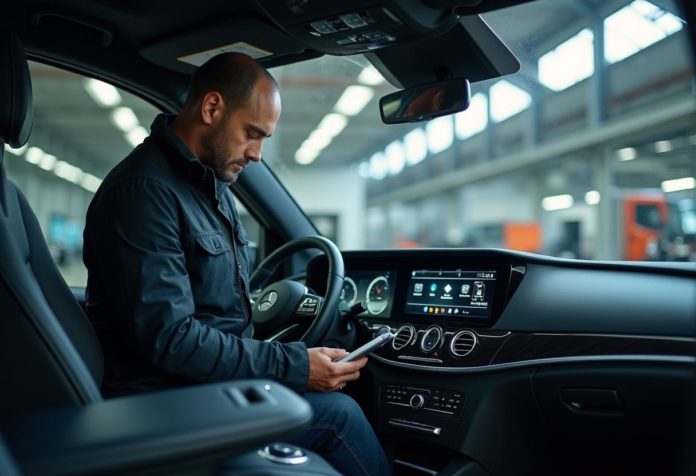 Mercedes V-Klasse in moderner Werkstatt – Mechaniker prüft Innenraumteile und Elektronik für den Wiederverkauf und das Recycling.