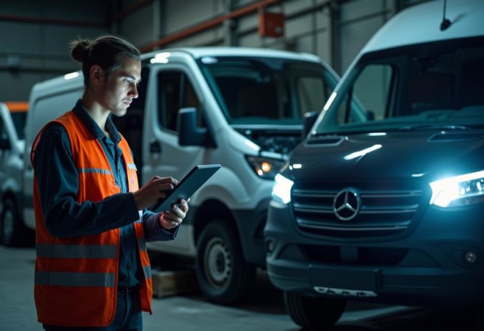 Foto einer Mercedes-Benz Vito- und Viano-Baureihe in einer modernen Autoverwertungsanlage. Ein Mechaniker prüft die Fahrzeuge, während Motor, Sitze und Scheinwerfer als wertvolle Bauteile hervorgehoben sind.