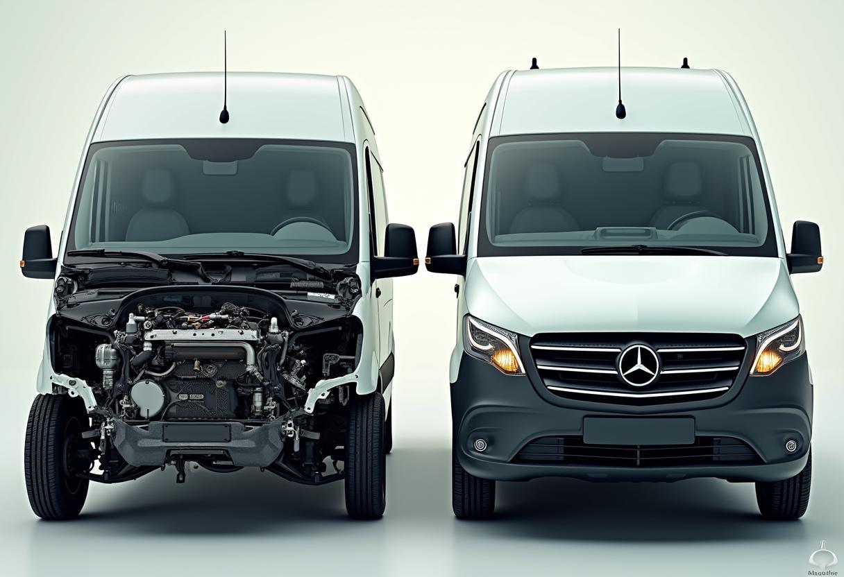 Zahlen und Fakten zu Mercedes Vito und Viano – Wertstabilität bis ins Recycling Infografik mit Mercedes Vito und Viano in einer modernen Autoverwertungsanlage. Hervorgehoben sind Motor, Sitze und Scheinwerfer sowie Symbole für Recycling und CO₂-Einsparung.