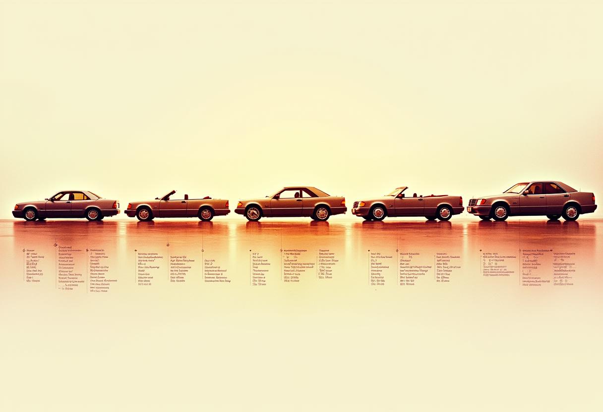 Übersicht der Mercedes W124 Modelle und Baujahre Zeitstrahl mit den wichtigsten Mercedes W124 Modellen und Baujahren von 1984 bis 1997, inklusive Diesel- und 500 E-Versionen