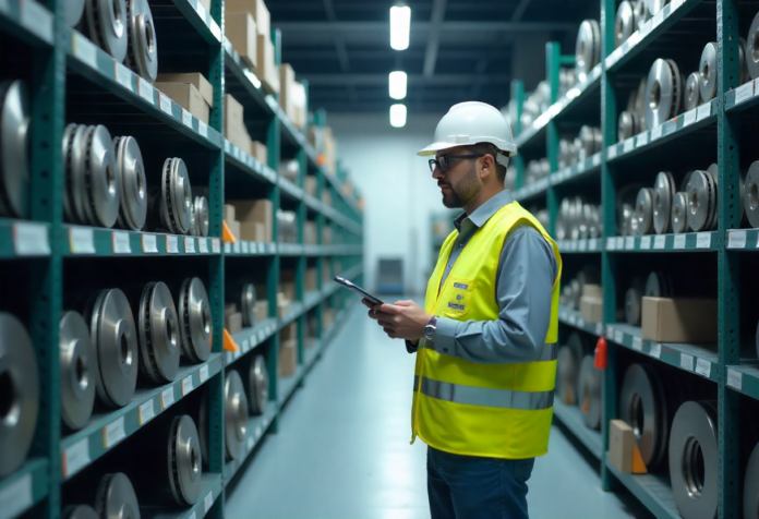 Saubere, moderne Recyclinganlage für Autoteile mit geordneten Regalen; ein Techniker prüft Komponenten per Tablet – Fokus auf Qualität, Sicherheit und Kreislaufwirtschaft.