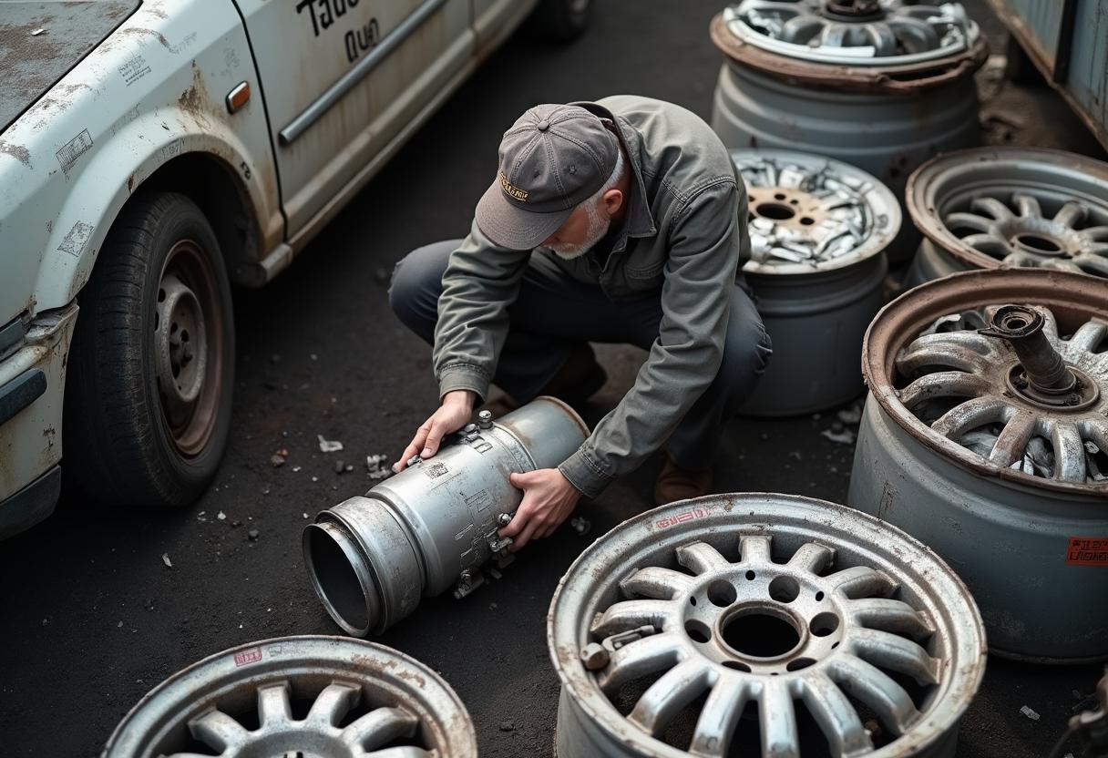 Schrottauto entsorgen und dabei Geld verdienen Arbeiter zerlegt Schrottauto, prüft Katalysator und Alufelgen – Autoverwertung mit Auszahlung für verwertbare Fahrzeugteile