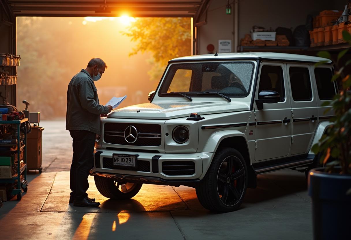 Ein Besitzer prüft in seiner Garage eine alte Mercedes G-Klasse und bewertet den möglichen Restwert – Symbol für clevere Autoverwertung.