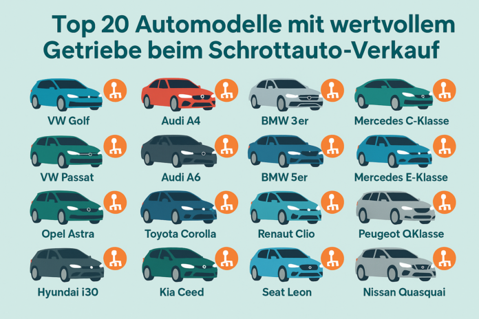 nfografik: Die 20 Automodelle, deren Getriebe beim Schrottauto-Verkauf besonders hohe Erlöse erzielen – von VW Golf über Audi A4 bis Nissan Qashqai