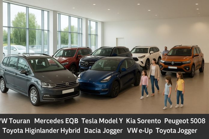 7-Sitzer Autos 2025 – Vergleich von VW Touran, Mercedes EQB, Tesla Model Y, Kia Sorento, Peugeot 5008, Toyota Highlander Hybrid und Dacia Jogger