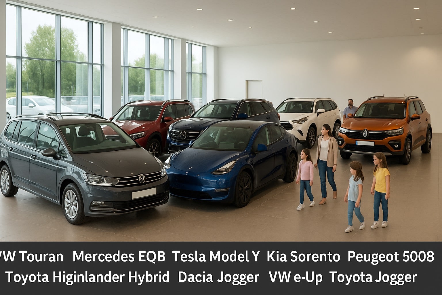 7-Sitzer Autos 2025 – Vergleich von VW Touran, Mercedes EQB, Tesla Model Y, Kia Sorento, Peugeot 5008, Toyota Highlander Hybrid und Dacia Jogger