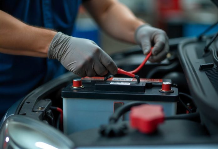 Mechaniker wechselt eine Autobatterie in der Werkstatt, während Starthilfekabel angeschlossen werden