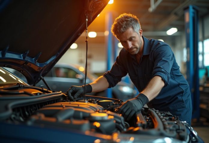 Mechaniker prüft Steuerkette an deutschem Auto – Reparatur oder Verkauf bei BMW, Audi, VW, Mercedes