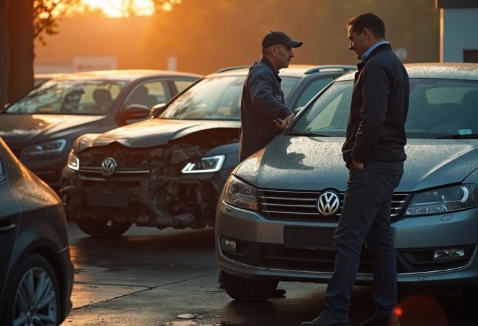 Käufer und Mechaniker begutachten ein Auto mit Motorschaden – Restwert und Ankaufspreis bei VW, BMW, Audi und Mercedes im Vergleich