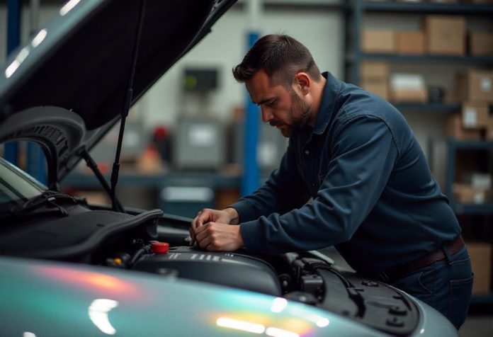 Mechaniker prüft den Motor eines Autos mit geöffneter Motorhaube in einer Werkstatt – Symbol für Motorschaden und Reparaturkosten.