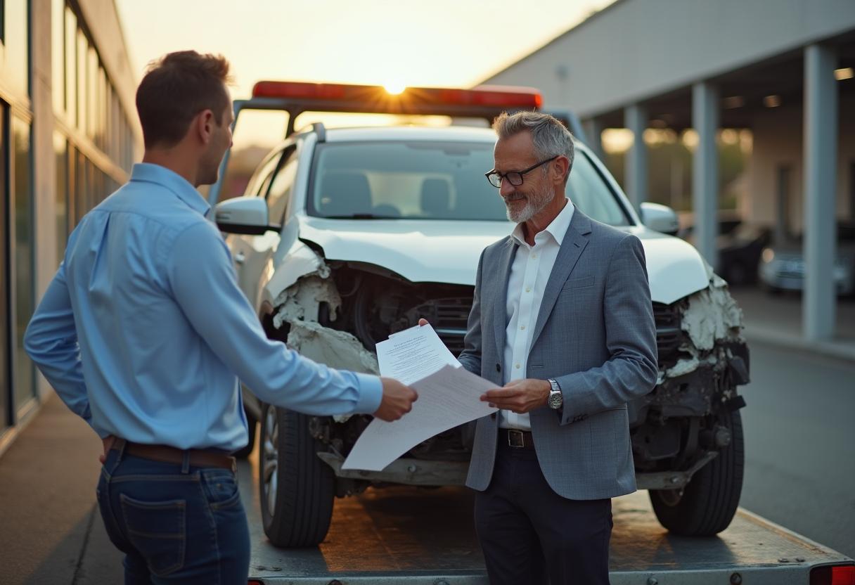 Auto nicht fahrbereit verkaufen – Tipps & Optionen für den besten Restwert Auto wird auf Abschleppwagen verladen, Verkäufer übergibt Kaufvertrag an Händler – Symbol für den Verkauf eines nicht fahrbereiten Autos