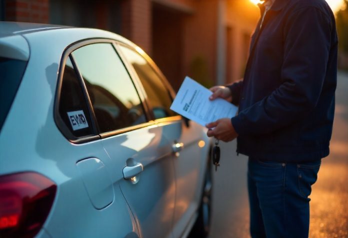 Auto ohne gültigen TÜV vor einer Garage, daneben ein Mann mit Fahrzeugpapieren – Symbol für Verkauf trotz abgelaufener HU.