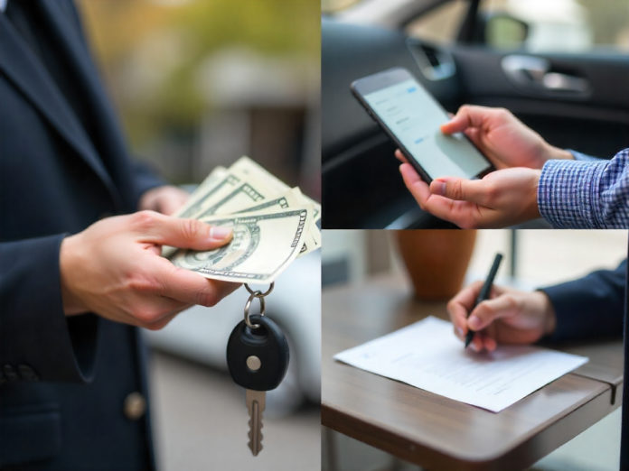 Fotocollage mit Barzahlung, Banküberweisung und Escrow-Vertrag beim Autoverkauf – Symbole für sichere Zahlungsarten und Betrugsprävention.