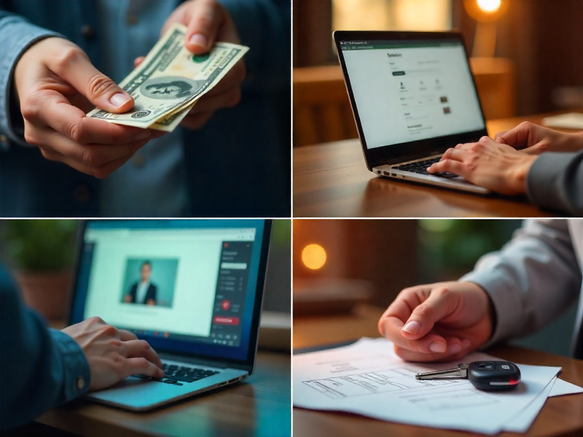 Fotocollage zeigt Betrugsmaschen beim Autoverkauf wie Falschgeld, gefälschte Plattformen und ID-Prüfung – mit Tipps zur sicheren Abwicklung.