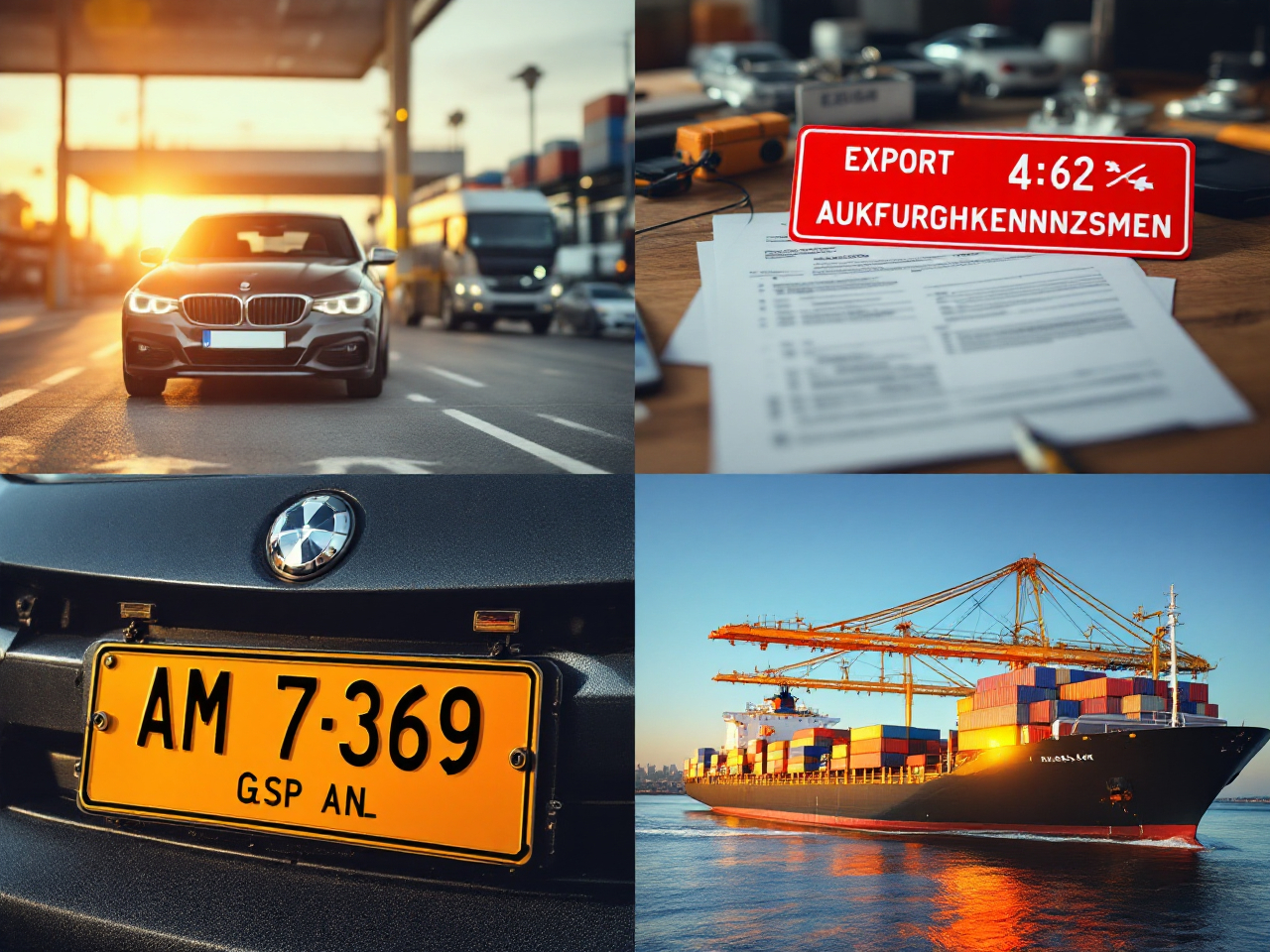 Fotocollage zeigt Autoexport mit Zollpapieren, Ausfuhrkennzeichen und Fahrzeugtransport ins Ausland.