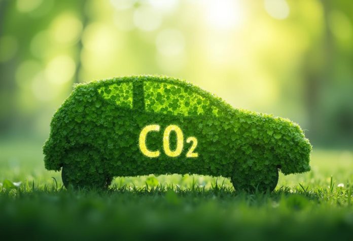 Symbolbild eines Autos aus grünen Blättern mit CO₂-Symbol und Steuerunterlagen – Vorteile von Autogas für Umwelt und Kfz-Steuer