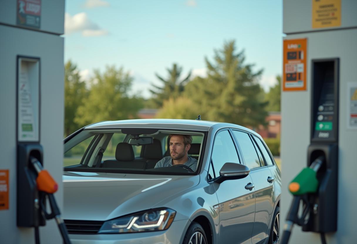 Fahrer betankt ein Fahrzeug an einer LPG-Zapfsäule in Deutschland – günstige Autogas-Kosten und Steuervorteile