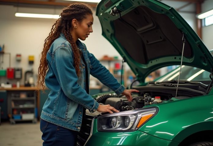 Werkstatt-Szene mit Auto und Mechaniker bei der LPG-Umrüstung, Motorhaube geöffnet, Autogas-System sichtbar.