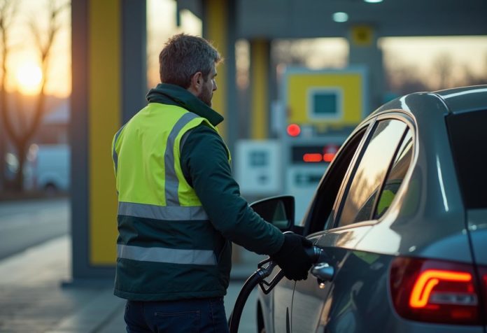 Fahrer betankt Auto an einer modernen LPG-Tankstelle in Deutschland