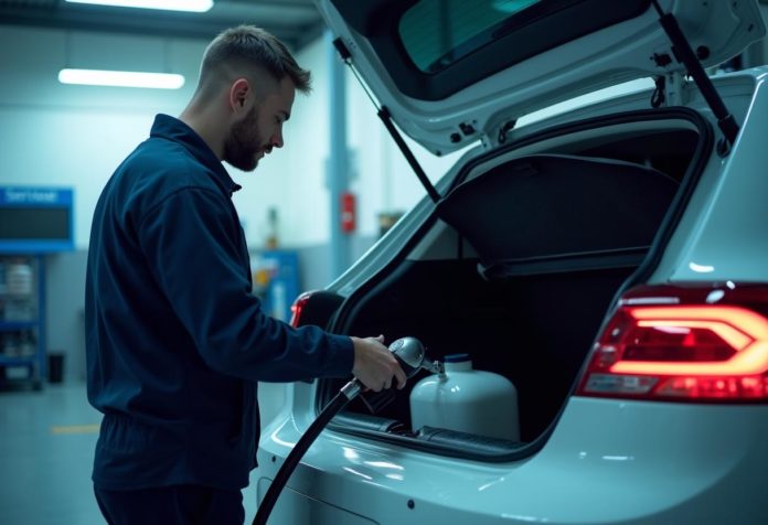 Mechaniker rüstet Auto in einer Werkstatt auf Autogas (LPG) um – Einbau von Tank und Anlage als Symbol für Kosten, Vorteile und Risiken der Autogas-Umrüstung