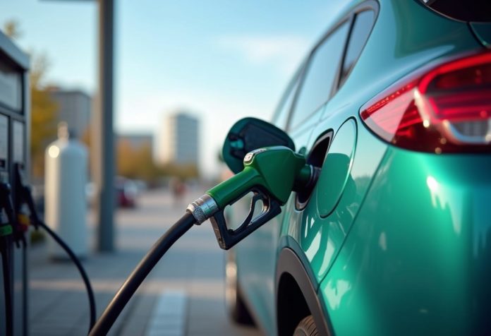 Auto tankt LPG an einer Autogas-Zapfsäule – umweltfreundliche Alternative mit weniger CO₂-Ausstoß